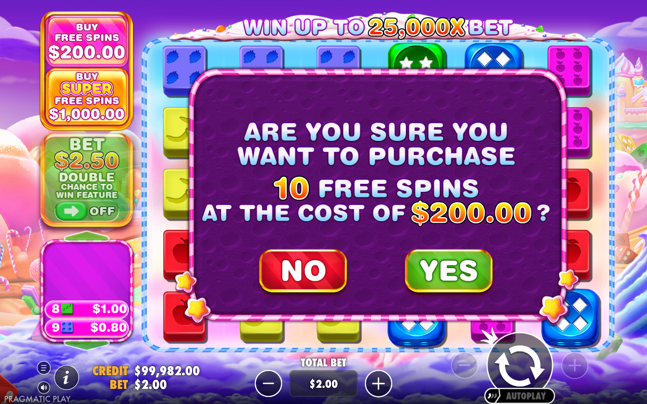 Sweet Bonanza 1000 Dice bonus buy menu