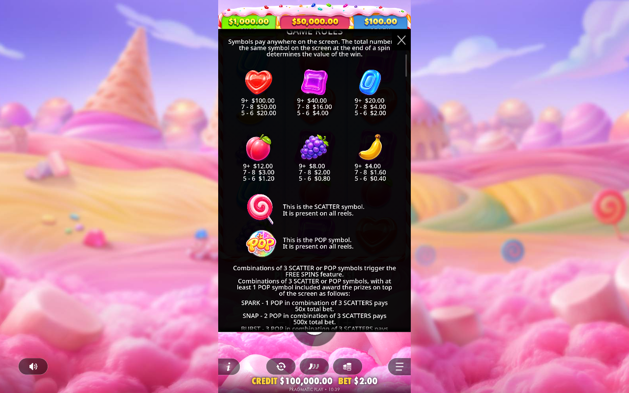 Sweet Bonanza Pop information screen