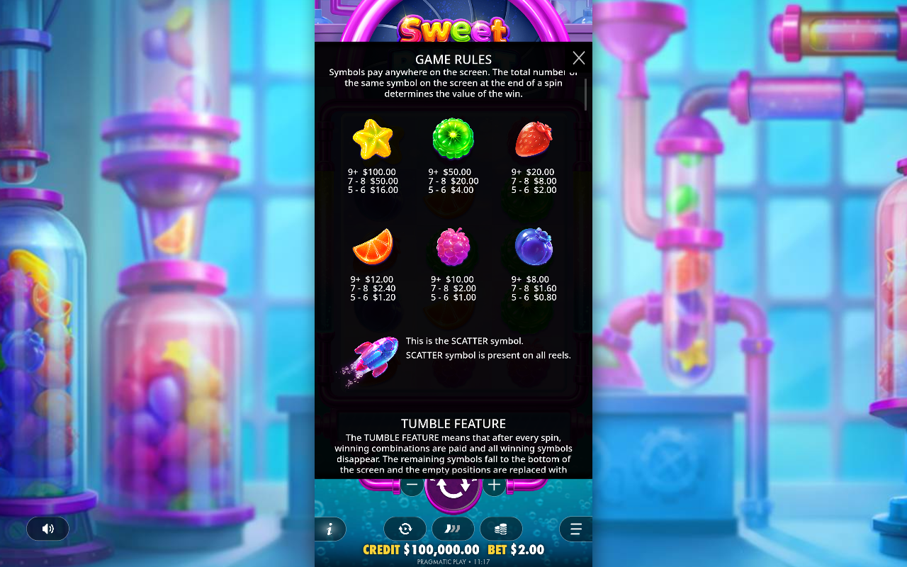 Sweet Burst information screen showing the tumble feature rules
