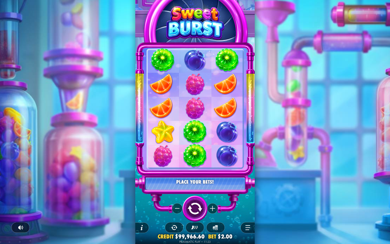 Sweet Burst gameplay showing a tumble sequence in progress