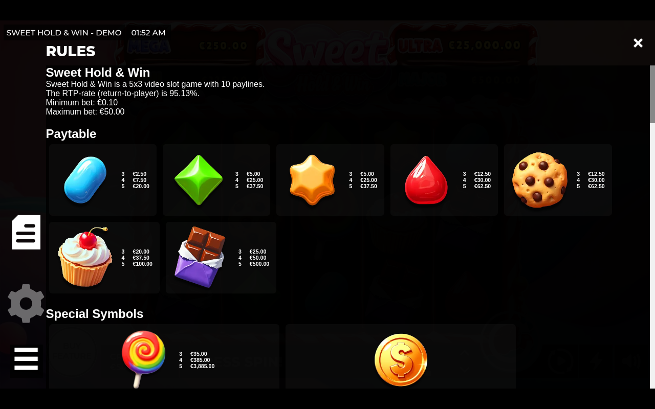 Sweet Hold & Win symbols and paylines information