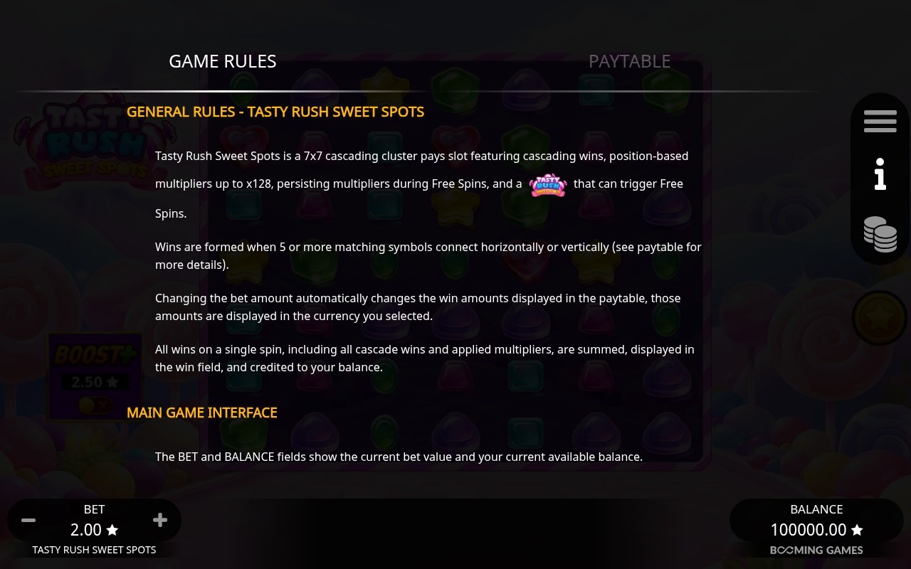 Tasty Rush Sweet Spots information screen