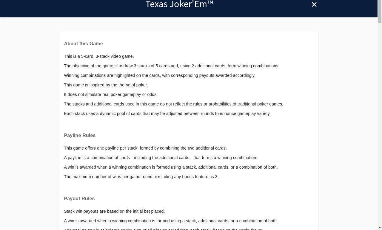 Texas Joker'Em information screen