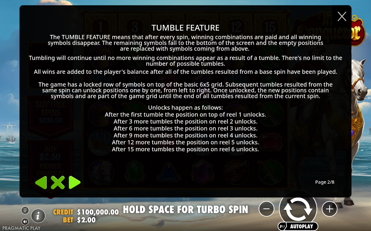 The Conqueror information screen showing the tumble feature rules