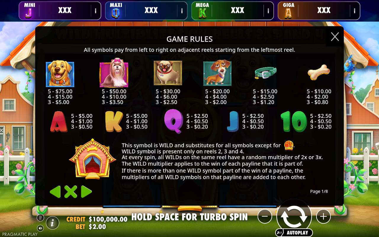The Dog House - Oranje Jackpot wild multipliers information screen