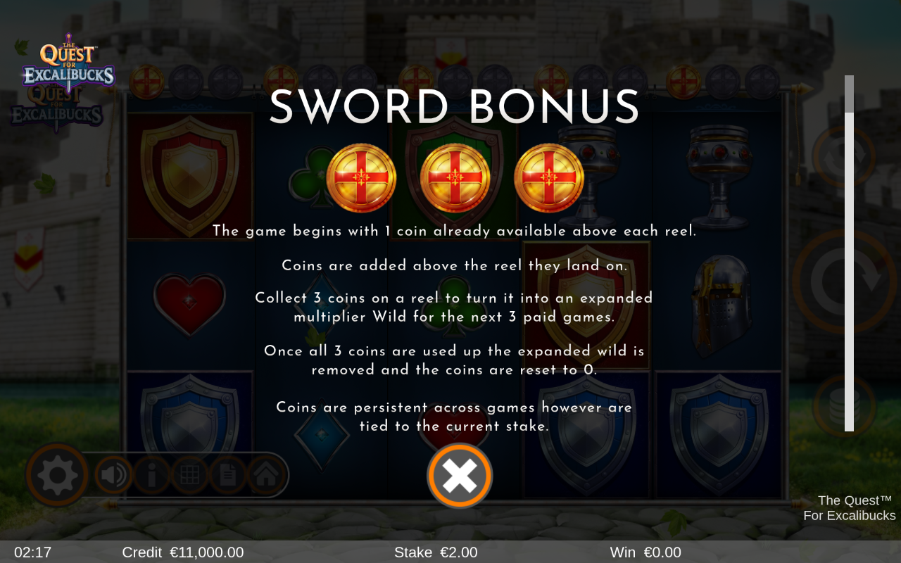 The Quest for Excalibucks information screen