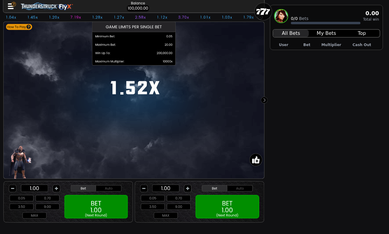 Thunderstruck FlyX information screen