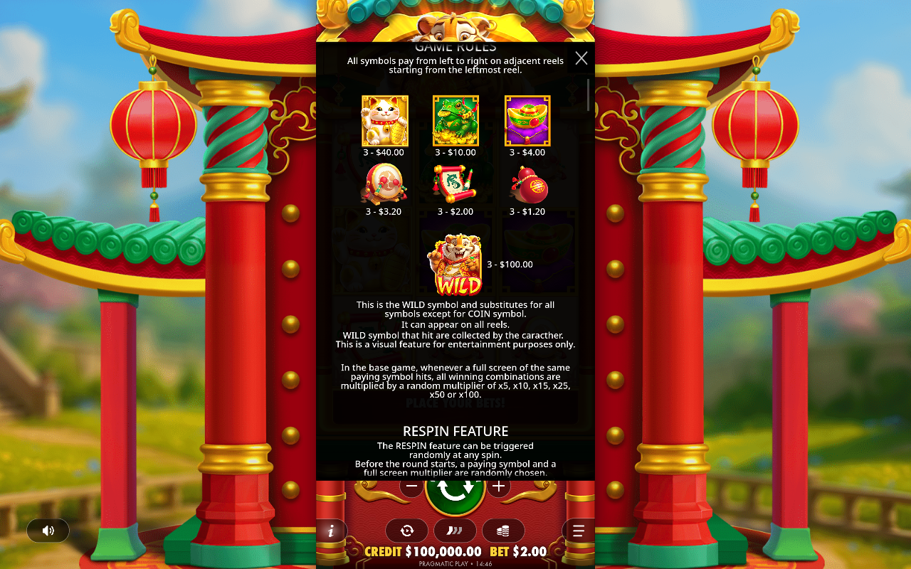 Tigre Sortudo Dourado information screen