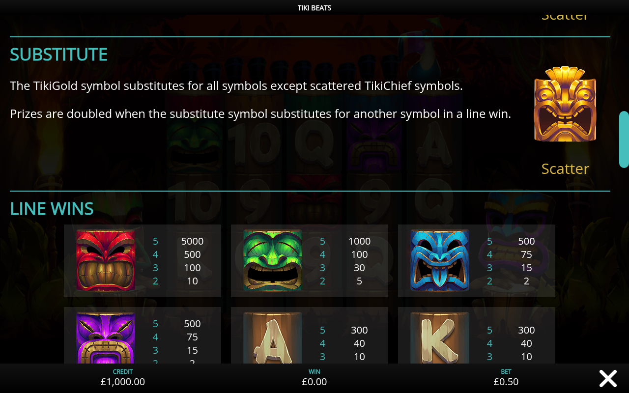 Tiki Beats information screen showing the TikiGold substitute rules