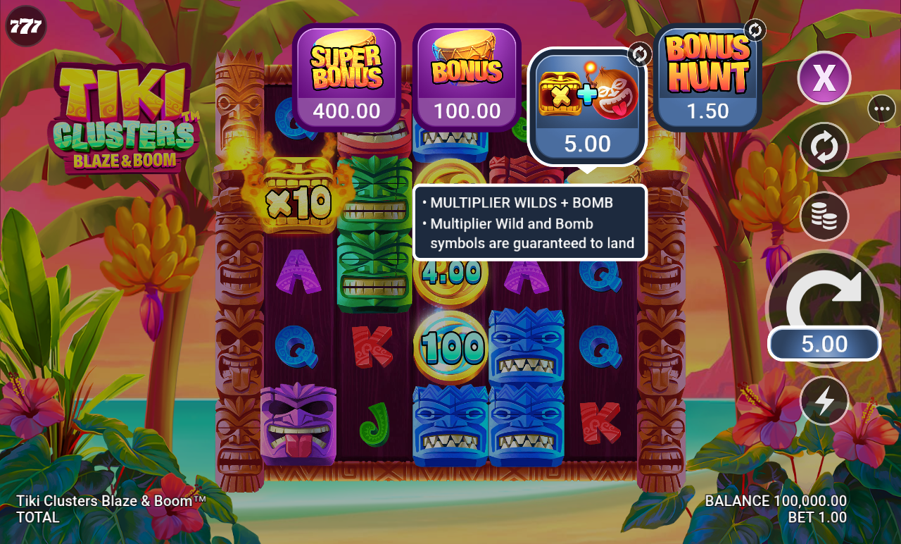 Tiki Clusters Blaze & Boom information screen