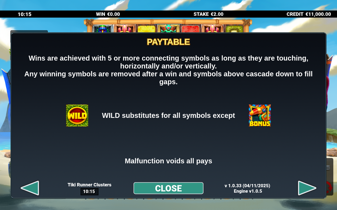 Tiki Runner Clusters information screen