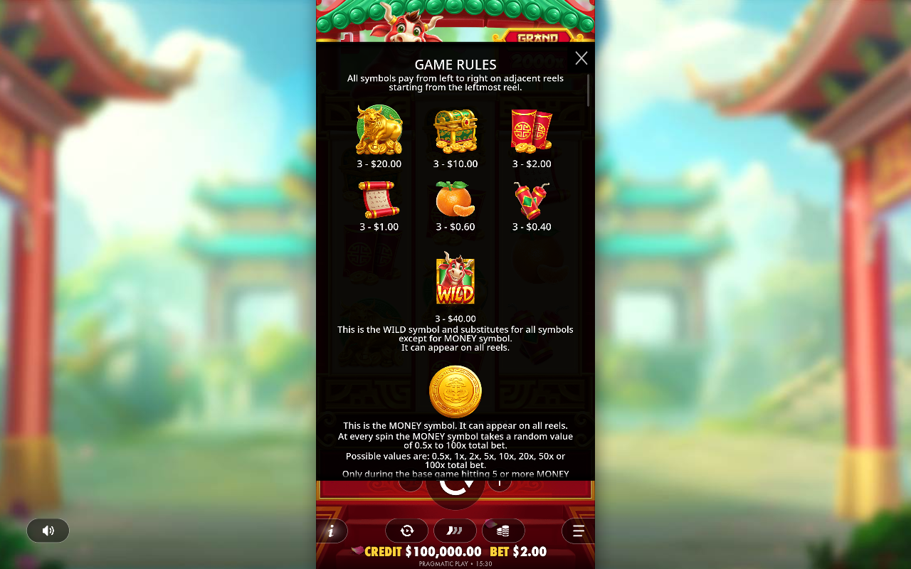 Touro Sortudo information screen