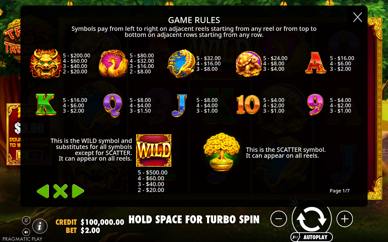 Trees of Treasure information screen showing wild and scatter rules