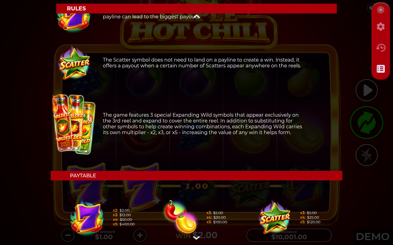 Triple Hot Chili information screen