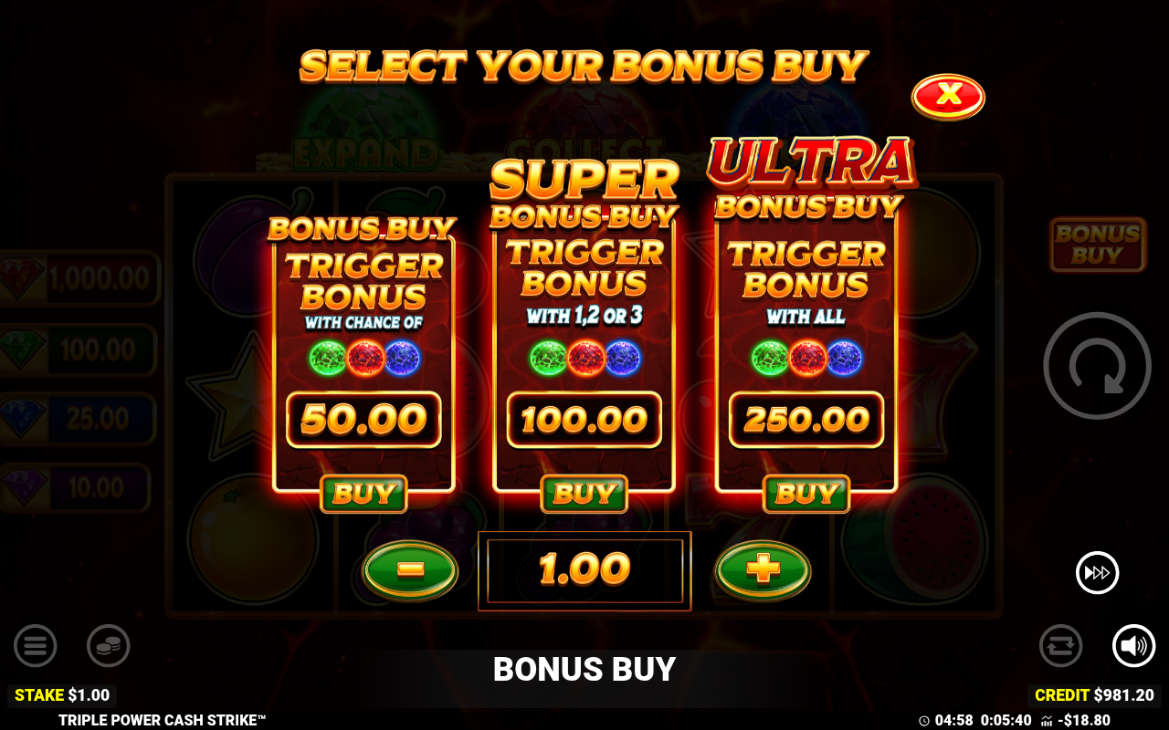 Triple Power Cash Strike bonus buy menu