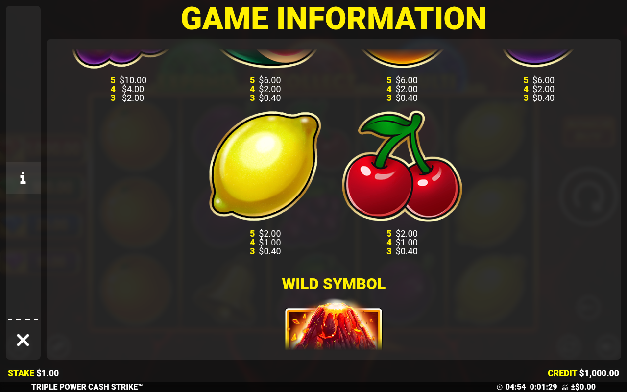 Triple Power Cash Strike information screen