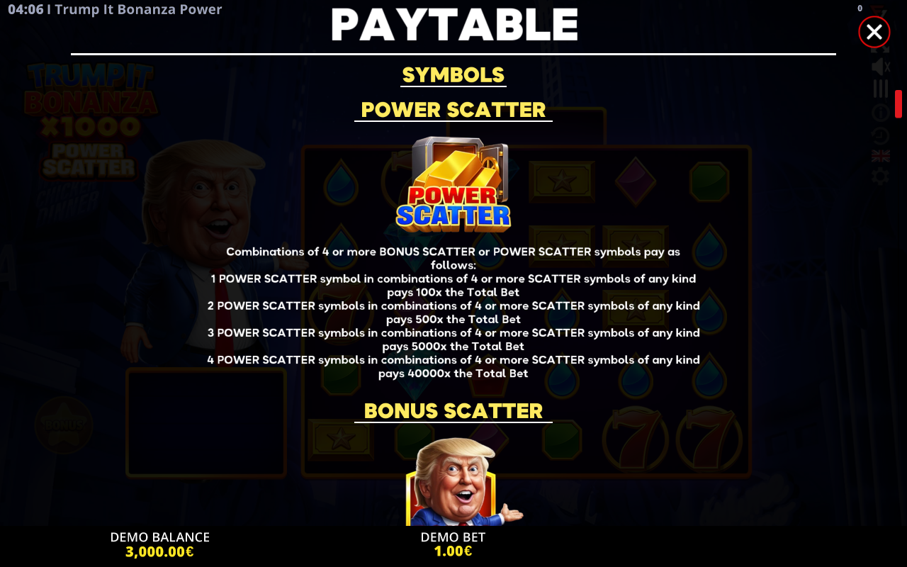 Trump It Bonanza x1000: Power Scatter information screen