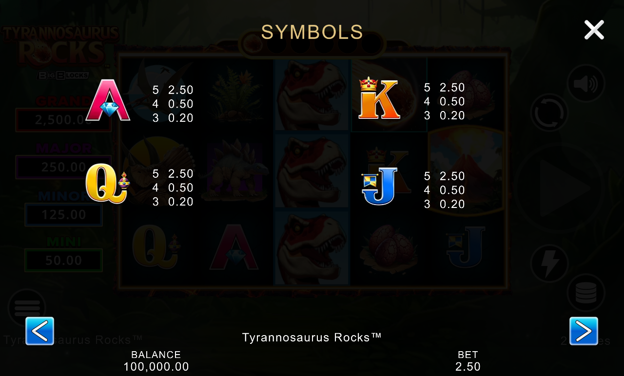 Tyrannosaurus Rocks paytable information screen