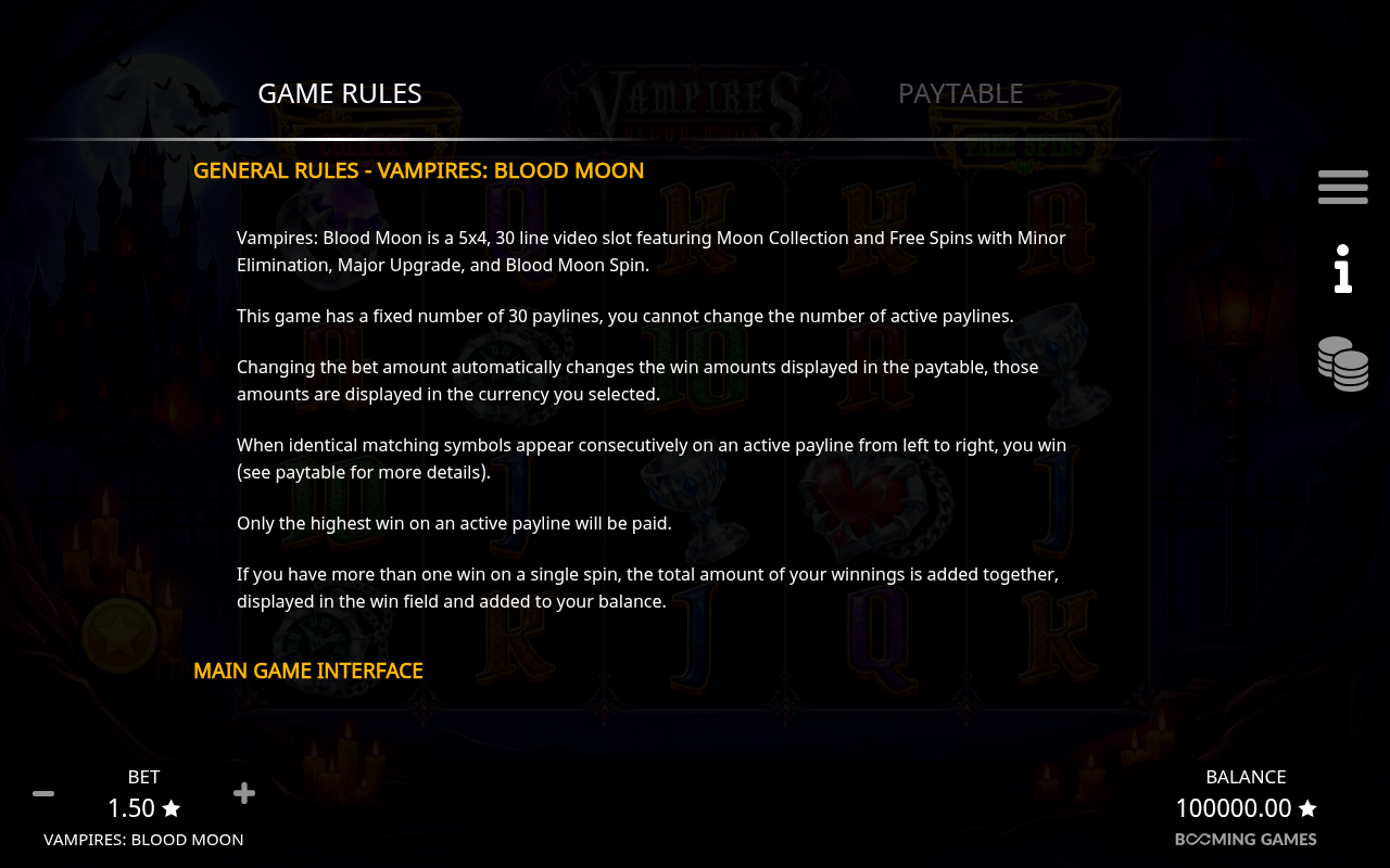Vampires: Blood Moon information screen