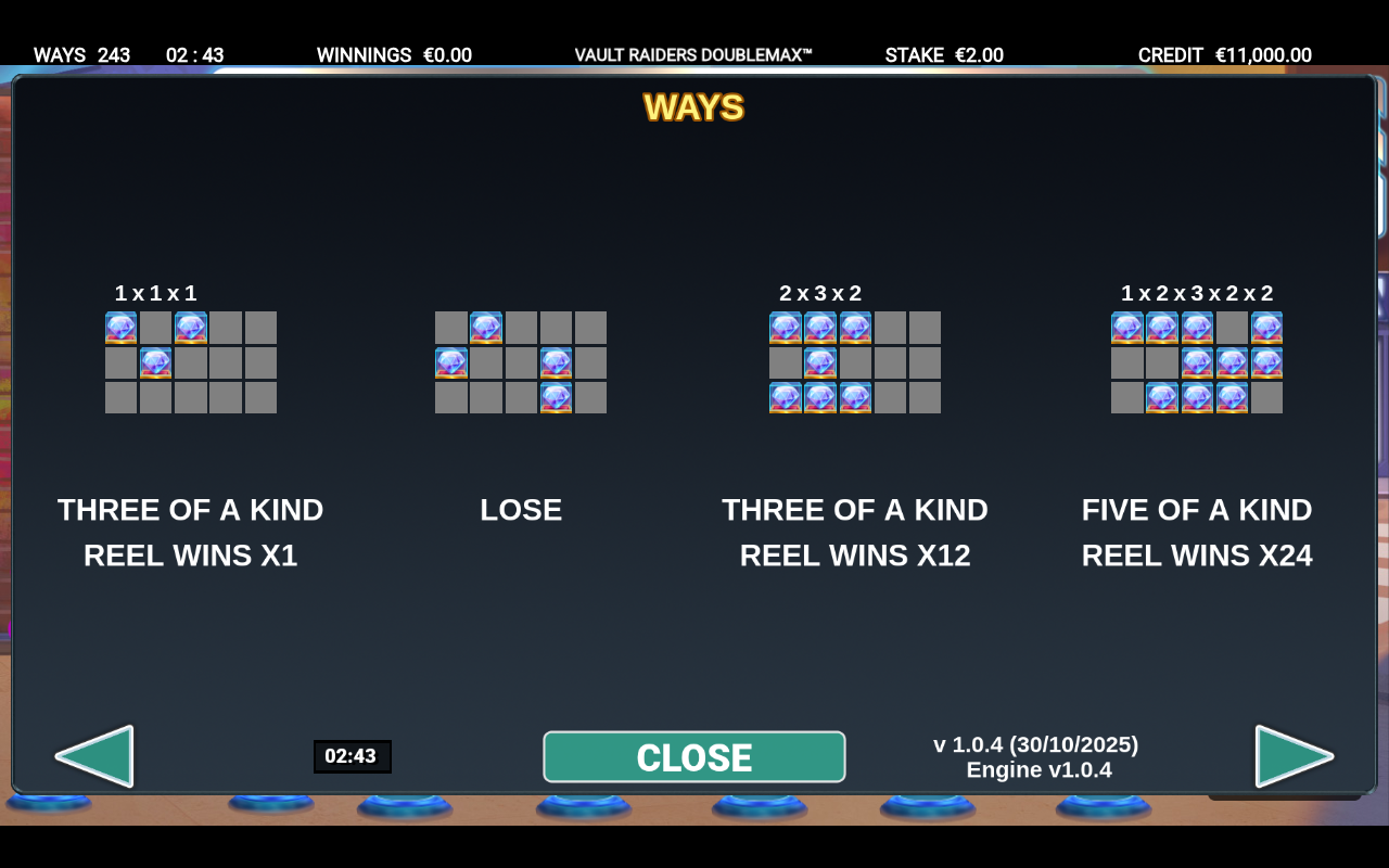Vault Raiders DoubleMax ways to win information screen
