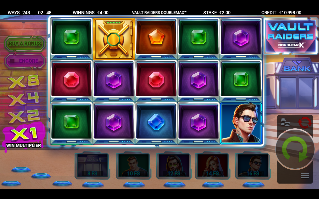 Vault Raiders DoubleMax gameplay with Safe symbol on reel 2