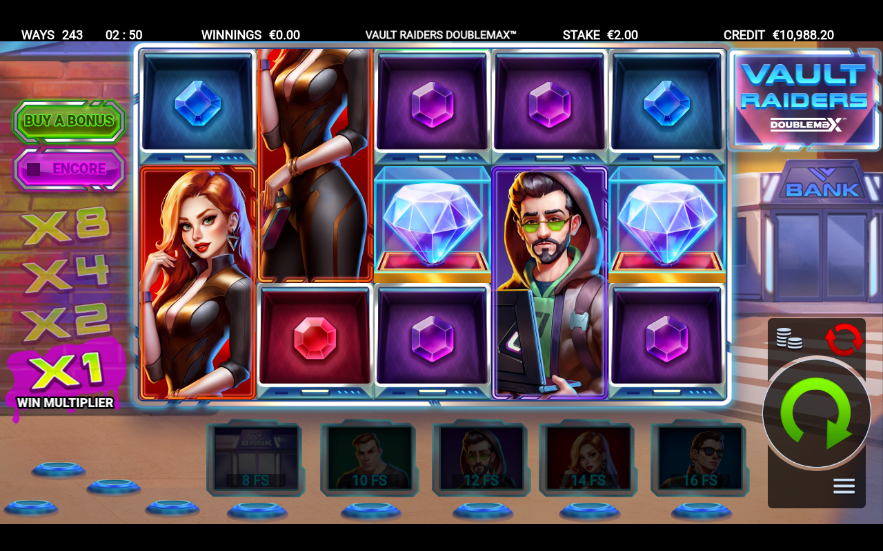 Vault Raiders DoubleMax cascading gameplay during free spins