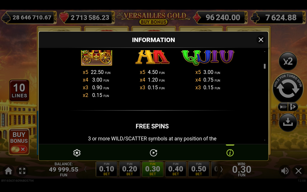 Versailles Gold Buy Bonus information screen