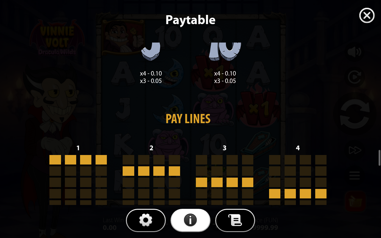 Vinnie Volt: Dracula Wilds symbol and paytable information screen