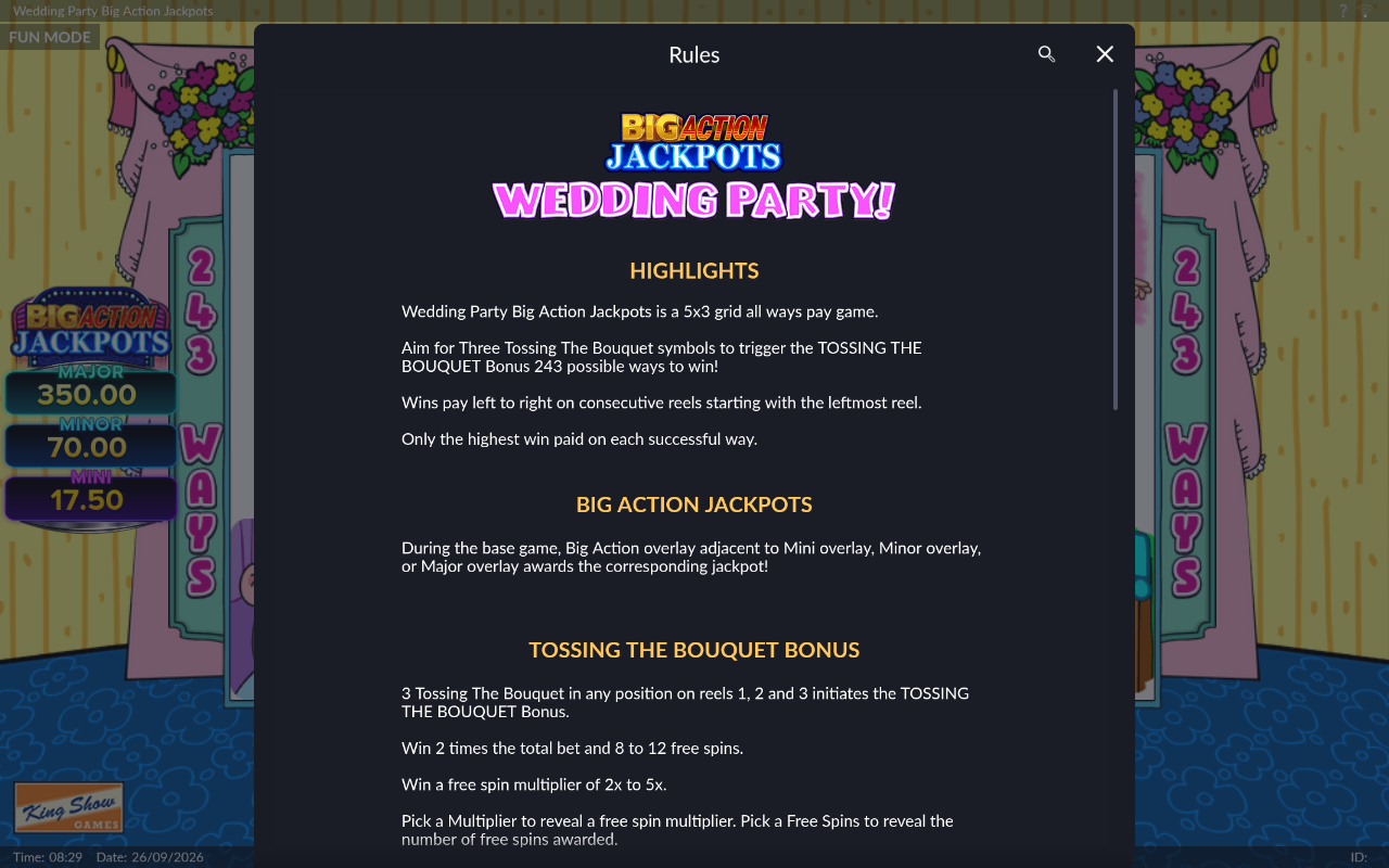 Wedding Party Big Action Jackpots information screen