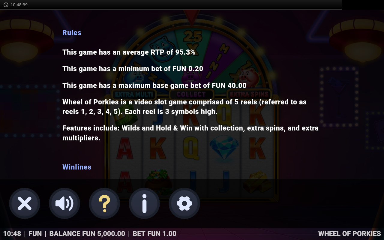 Wheel of Porkies information screen