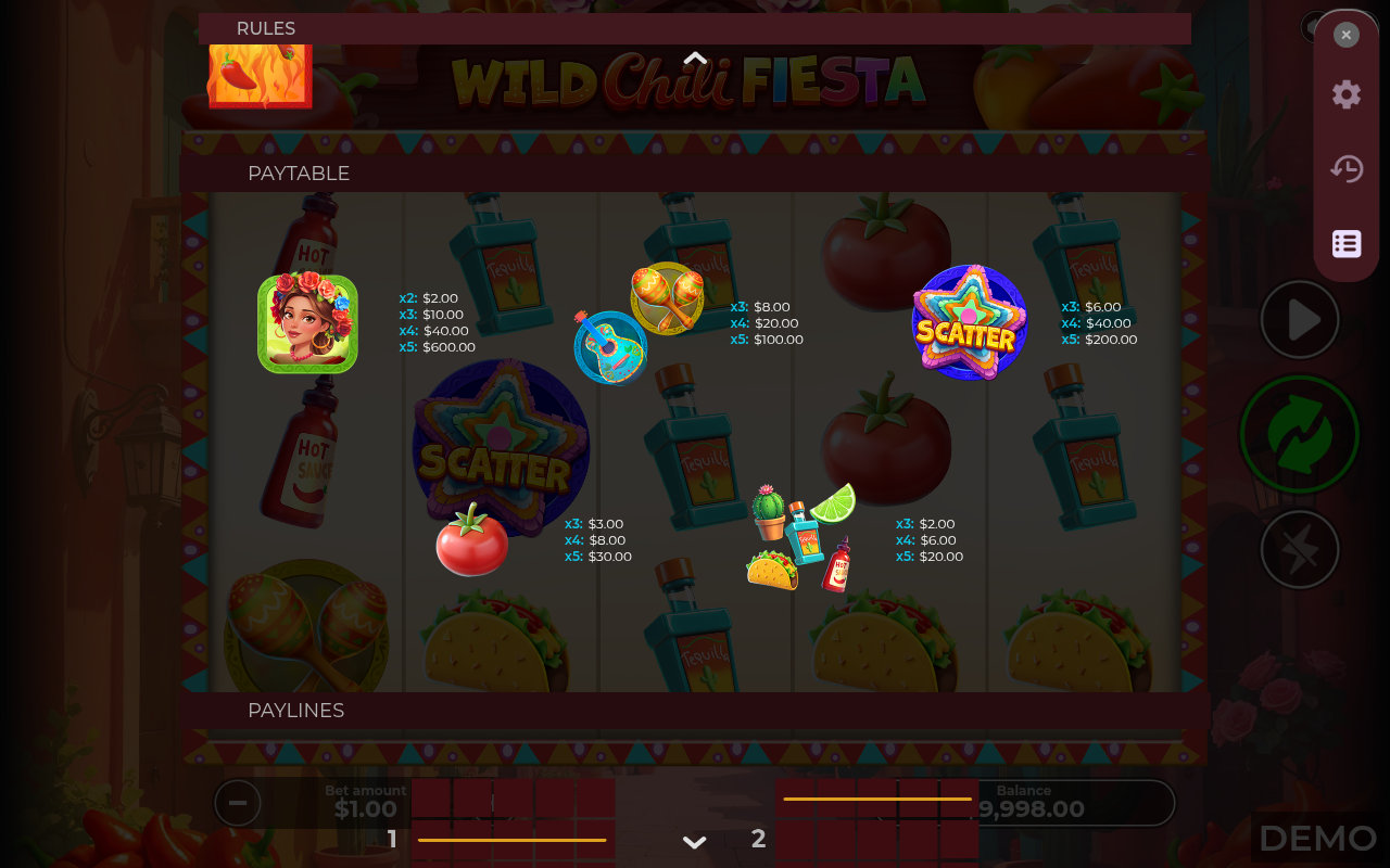 Wild Chili Fiesta information screen