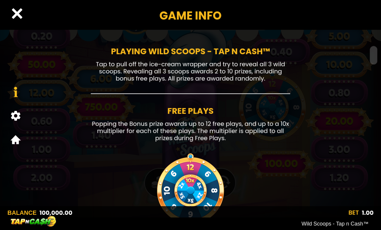 Wild Scoops - Tap n Cash information screen