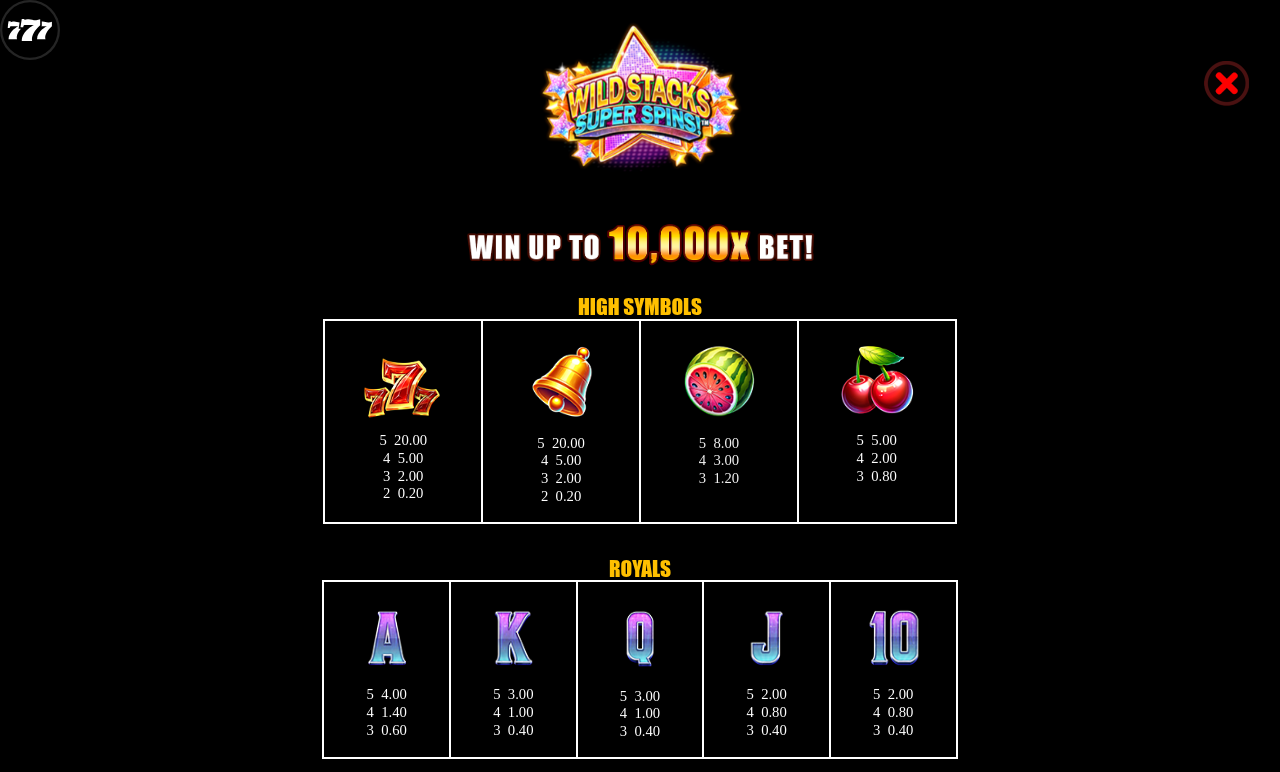 Wild Stacks Super Spins information screen