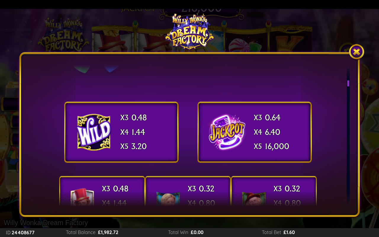 Willy Wonka Dream Factory information screen
