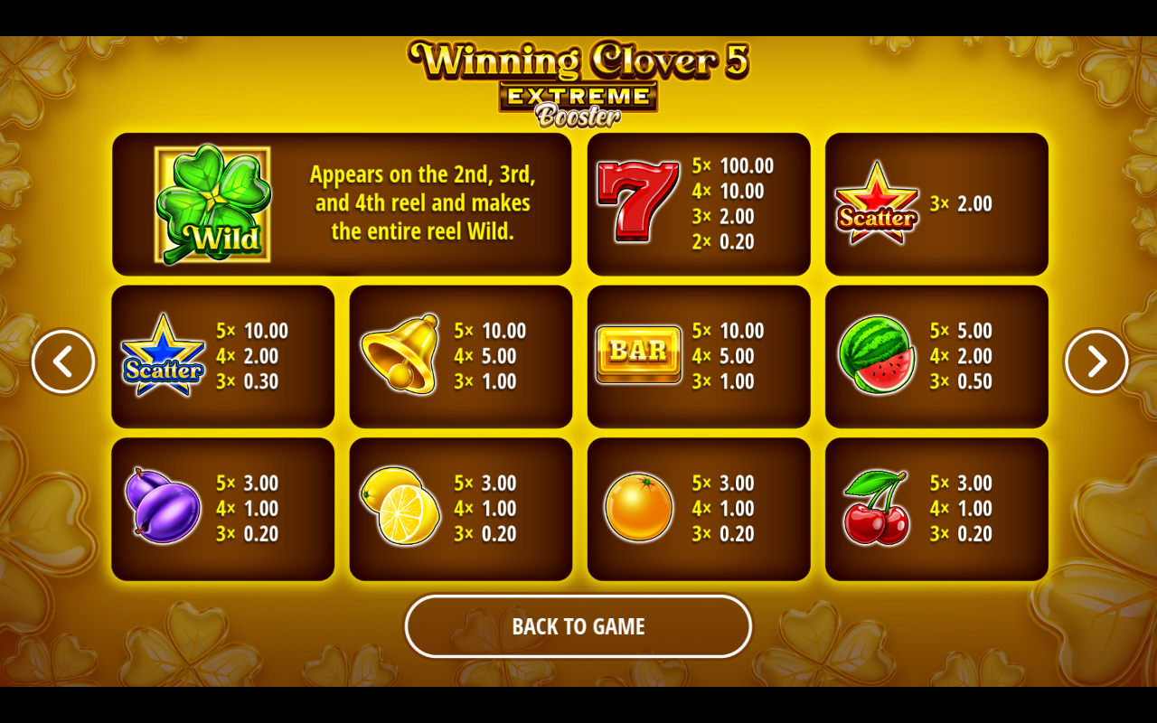 Winning Clover 5 Extreme Booster information screen