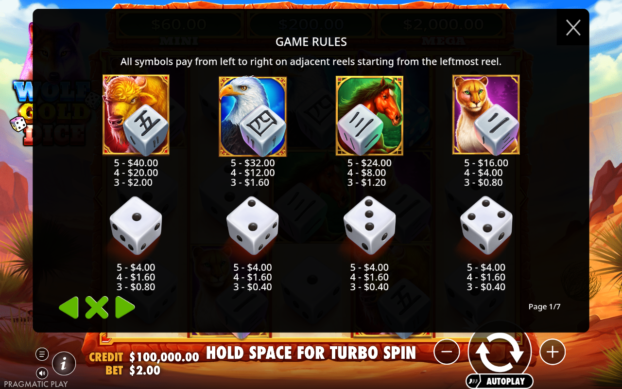 Wolf Gold Dice information screen