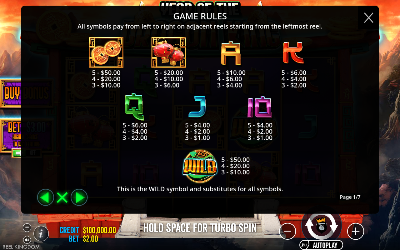 Year of the Dragon King information screen showing wild symbol rules
