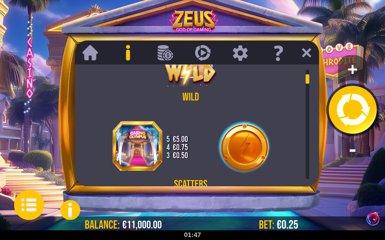 Zeus God of Gaming information screen