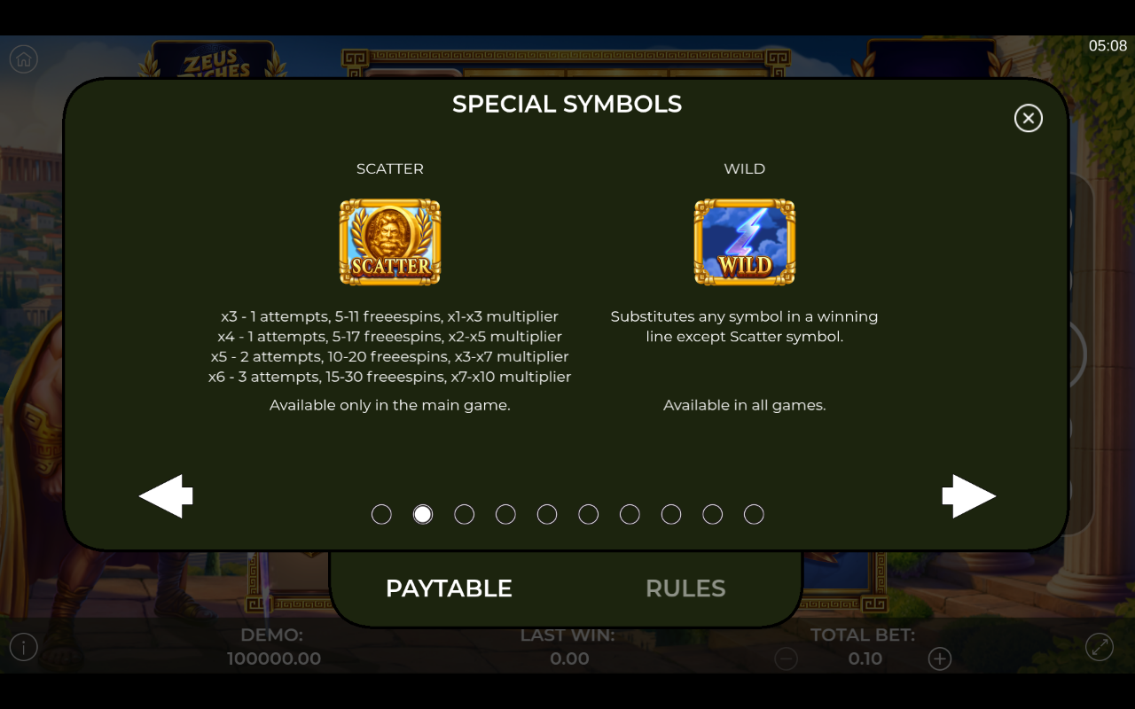 Zeus Riches Megaways information screen