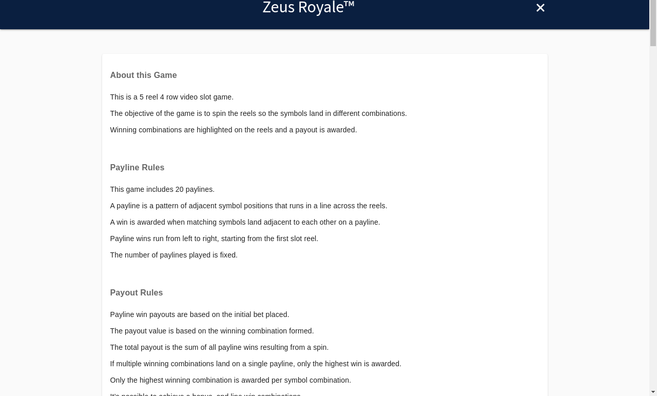 Zeus Royale information screen
