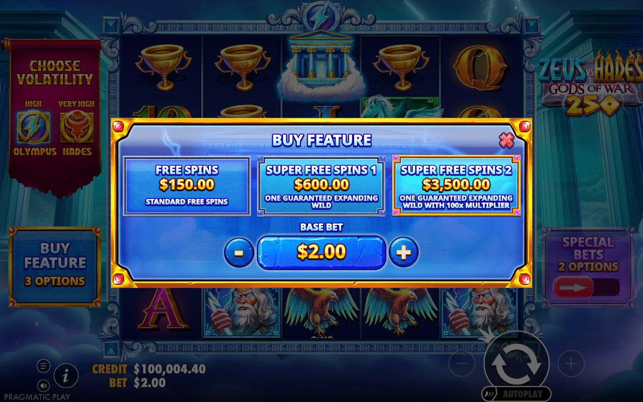 Zeus vs Hades - Gods of War 250 bonus buy menu