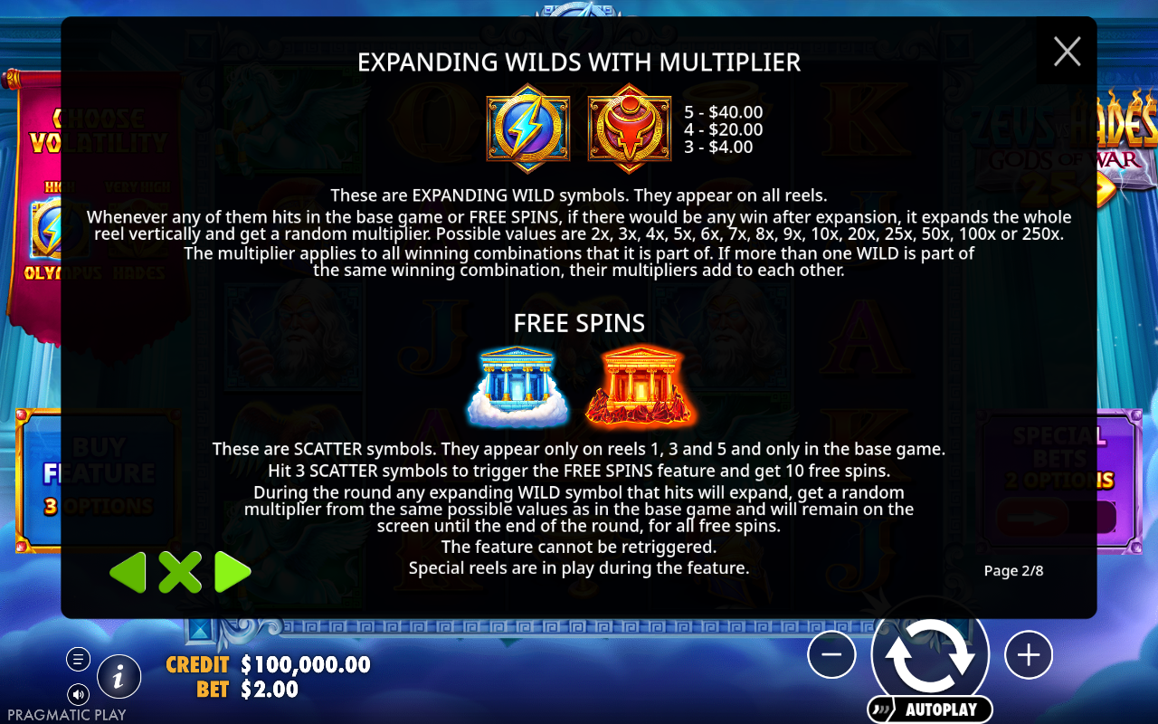 Zeus vs Hades - Gods of War 250 information screen showing the Olympus and Hades modes