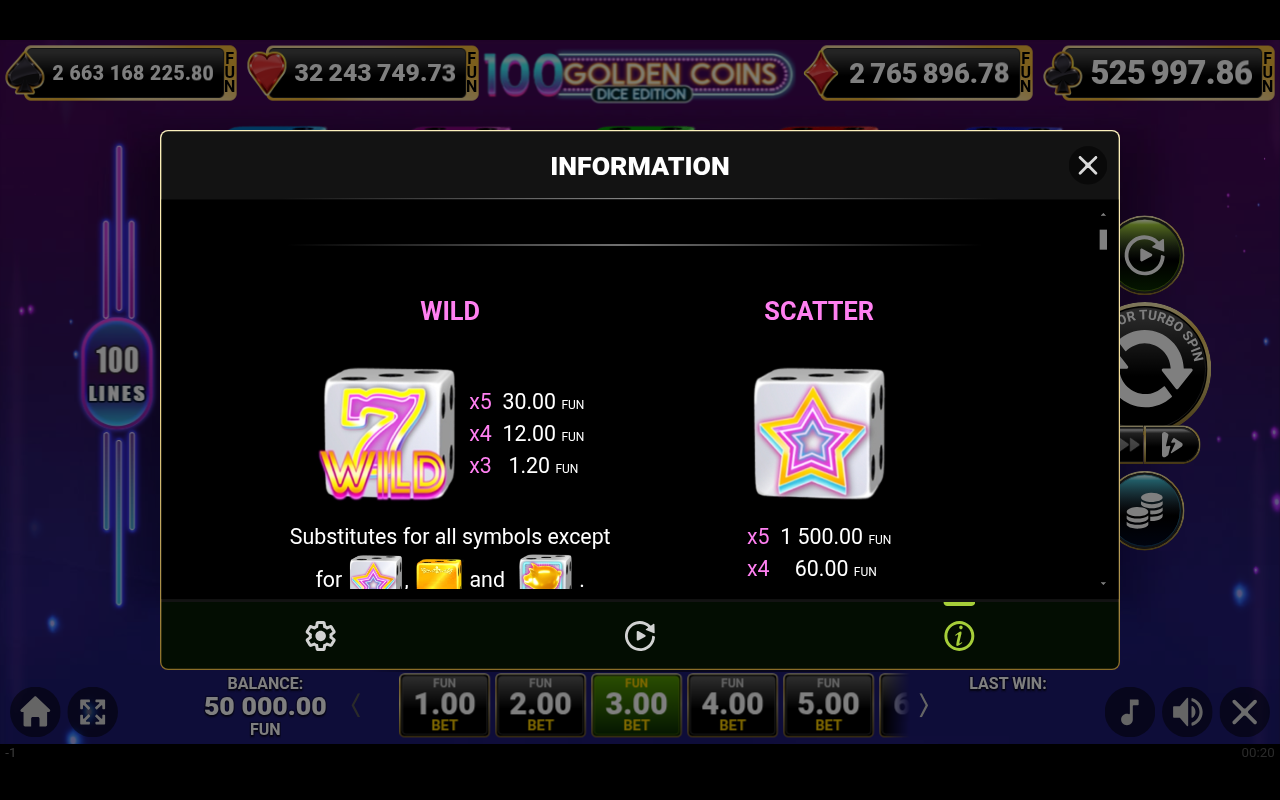 100 Golden Coins Dice Edition information screen