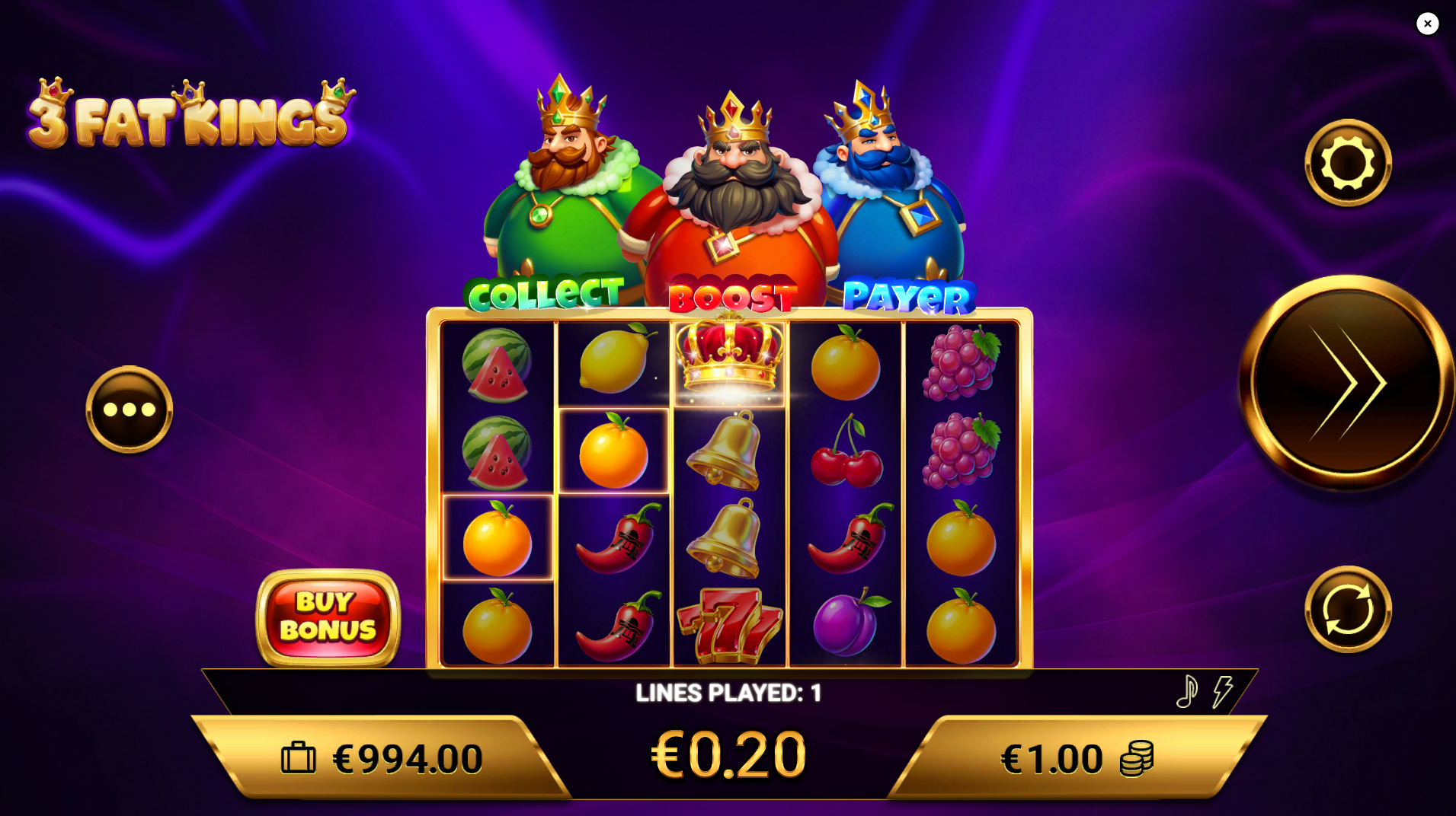 3 Fat Kings offers 25 fixed paylines