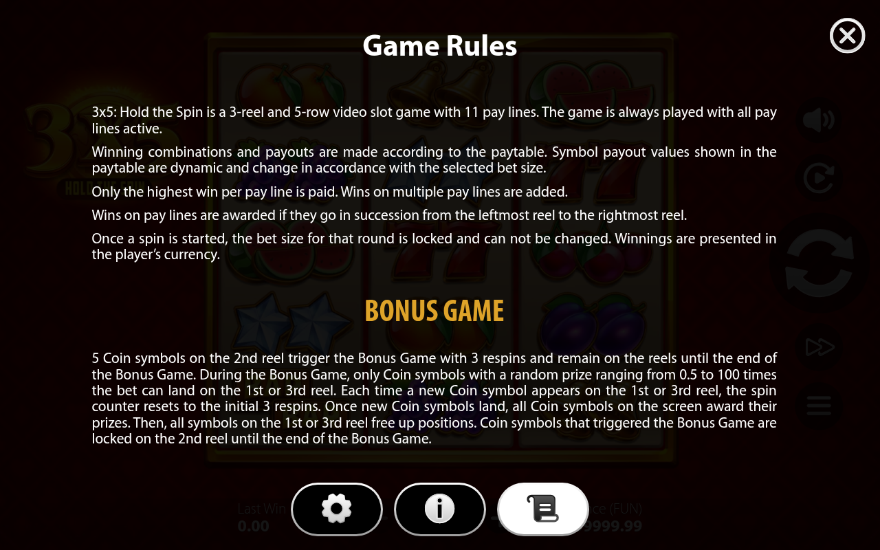 3x5: Hold the Spin Bonus Game rules