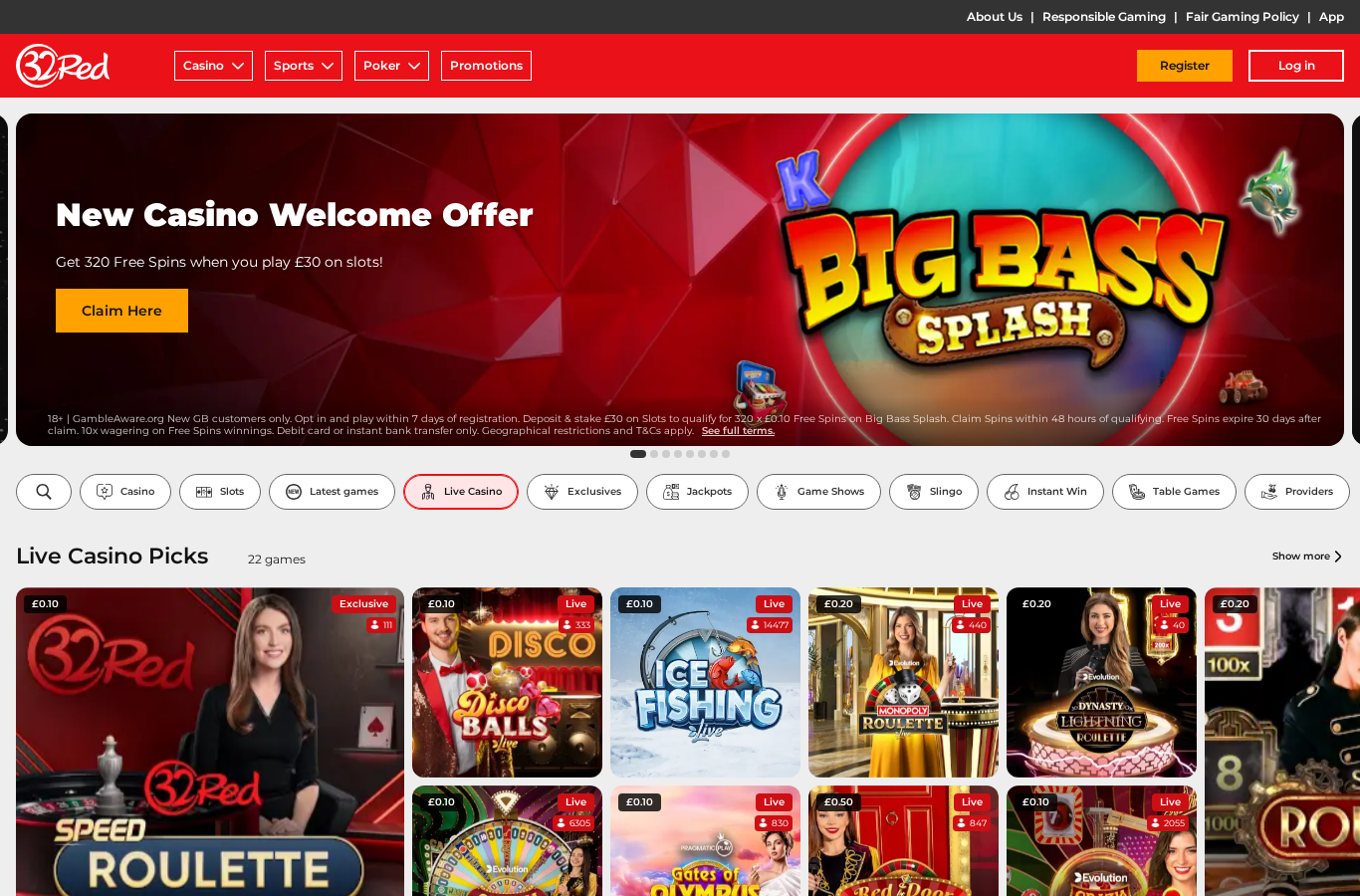 32Red live casino screenshot