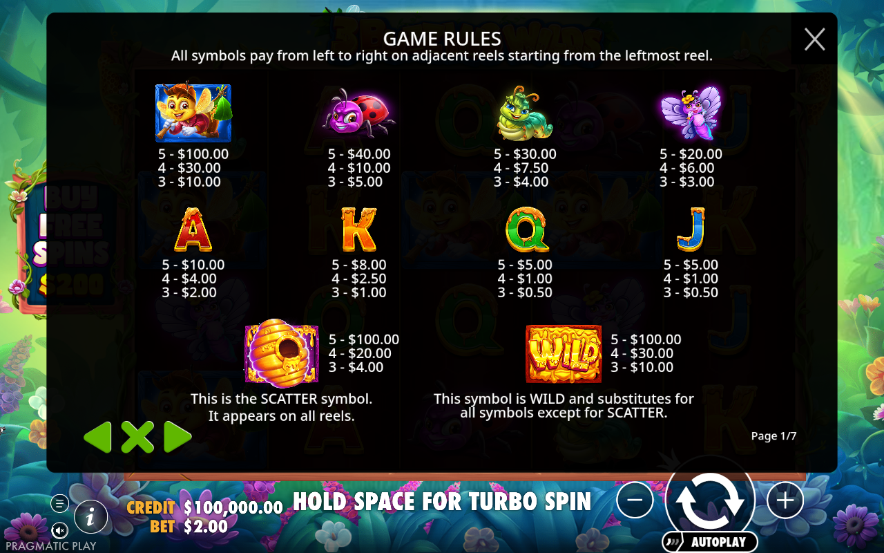 3 Buzzing Wilds information screen showing wild and scatter rules