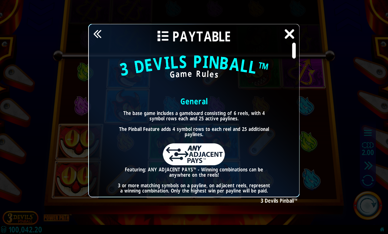 3 Devils Pinball information screen showing the Any Adjacent Pays and payline rules