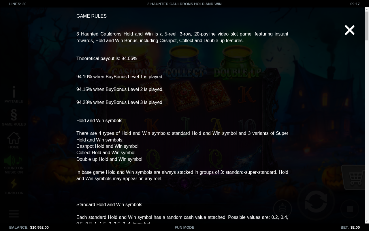 3 Haunted Cauldrons Hold and Win information screen
