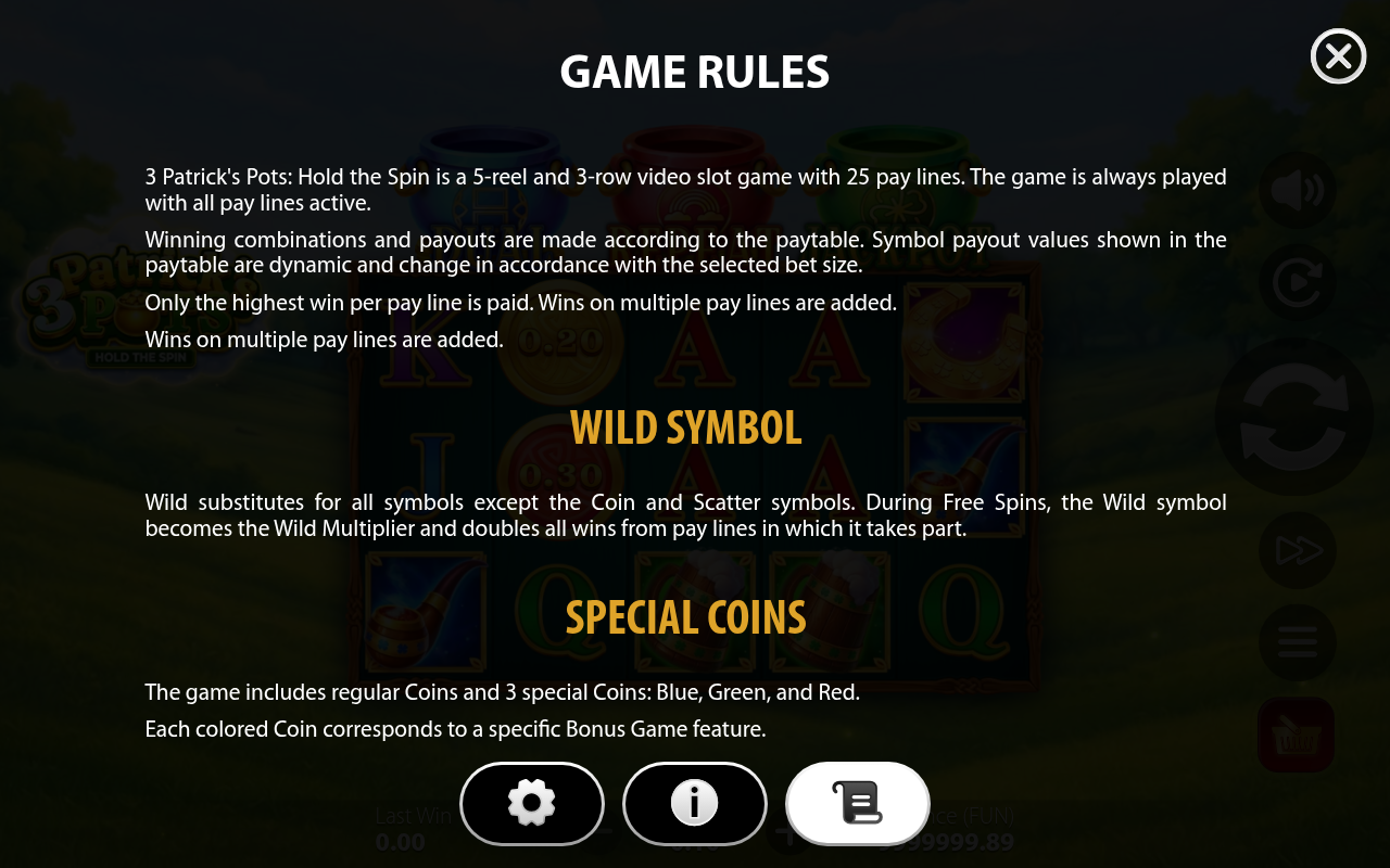 3 Patrick's Pots: Hold the Spin information screen